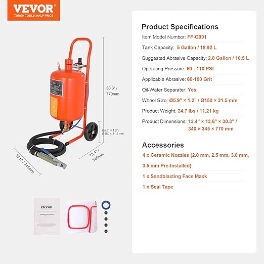 VEVOR 5 Gallon Sand Blaster, 60-110 PSI High Pressure Sandblaster, Portable Abrasive Blasting Tank, Air Sand Blasting Kit with 4 Ceramic Nozzles and Oil-Water Separator for Paint, Stain, Rust Removal