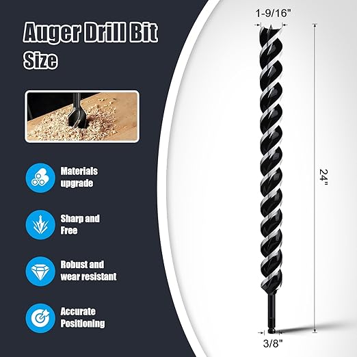 1-9/16'' x 24'' Auger Drill Bit for Wood, Hex Shank Tri Flute Ship Auger Long Drill Bit for Soft and Hard Wood,Tree Stump,Plastic,Drywall and Composite Materials