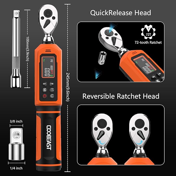 coobeast Digital Torque Wrench 1/4 Drive, 0.33-22.1 Ft.lbs./0.45-30Nm Range, Electronic Torque Screwdriver with Dual Direction Ratchet, Buzzer and LED Alert for Bicycle, Bike, DIY and Home Repair
