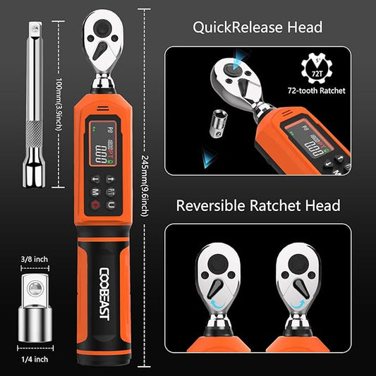 coobeast Digital Torque Wrench 1/4 Drive, 0.33-22.1 Ft.lbs./0.45-30Nm Range, Electronic Torque Screwdriver with Dual Direction Ratchet, Buzzer and LED Alert for Bicycle, Bike, DIY and Home Repair