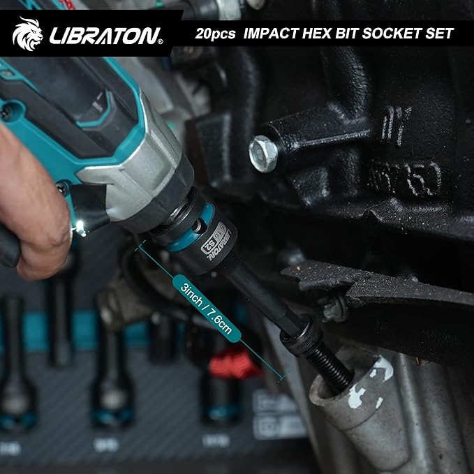 LIBRATON Impact Hex Bit Socket Set, 1/2" Dr, S2 Steel, Metric & SAE 20PCS (H5-H19 & 1/4"-3/4") High Torque Sockets for Professional Mechanics & Automotive Repair (XPE Storage Cases)