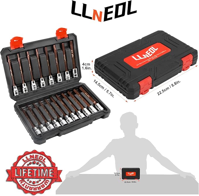 3/8 Inch Drive Long Allen Hex Bit Socket Set, 19-Piece Hex Head Standard SAE & Metric Sockets (1/8"-3/8", 3-12mm), S2 Alloy Steel Durable Tools for Mechanics