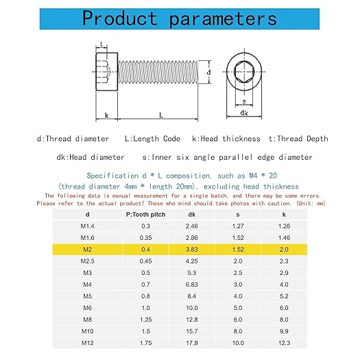 M2-0.4 x 38mm Socket Head Cap Screws Metric, Hex Socket Screw, Allen Socket Drive, 304 Stainless Steel (A2-70), Full Thread, Bright Finish, Machine Thread, DIN912,20 Pcs