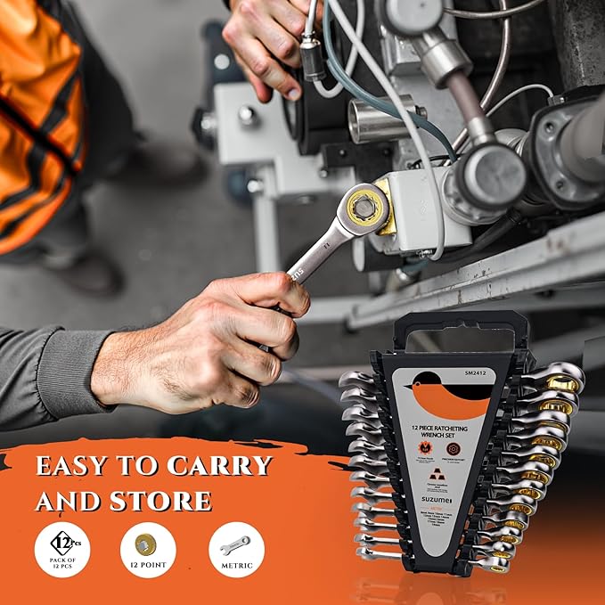 SUZUME 12-Piece Metric Ratcheting Wrench Set (8-19mm) 72T Cr-V 15K+ Cycle Locked Gears Nickel Plated & Organizer for Tight Engine Bays Auto Truck Motorcycle Bike Repair