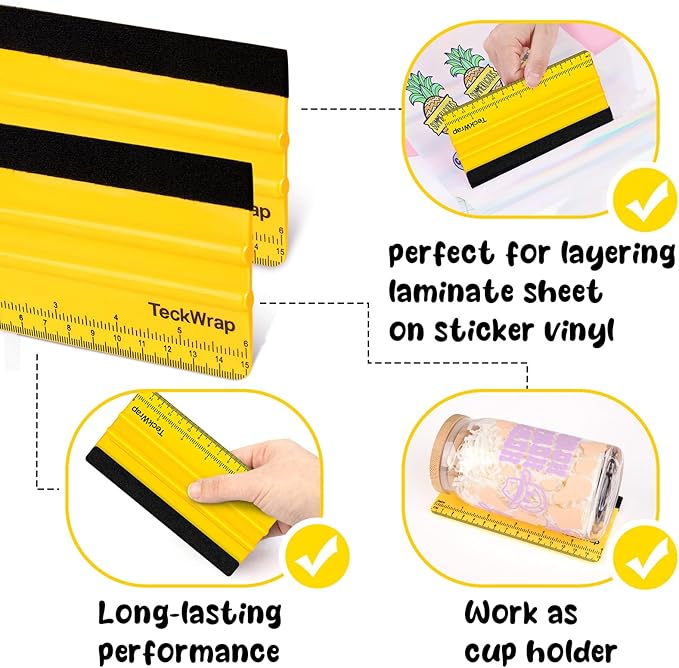 TECKWRAP Squeegee for Vinyl Felt Squeegee Scraper Tool for Decals, Inkjet Sticker Paper, and Wallpaper - 6"x2.9", Scratch-Free Application (Yellow)