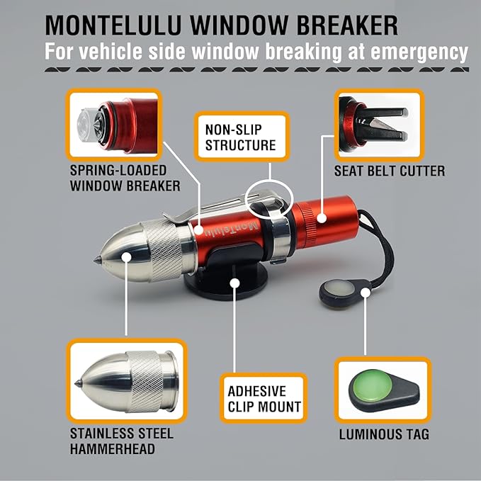 Car Glass Breaking and Seatbelt Cutter Emergency Escape Tool竊?-in-1 Safety Hammer and Spring-Loaded Window Breaker Underwater for Life-Saving