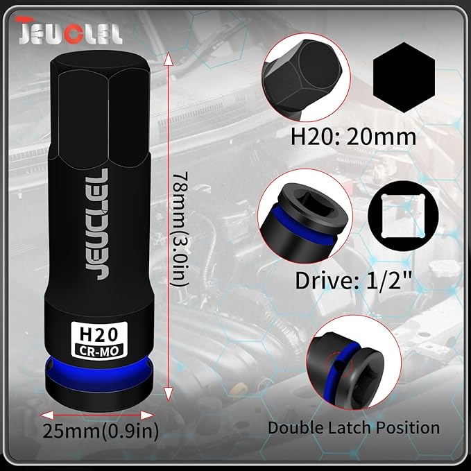 20mm Hex Impact Bit Socket, H20 1/2-Inch Impact Drive Allen Socket, Cr-Mo Steel Lengthen Hex Screwdriver Adapter for Electric Ratchet Wrenches Fastening Screws