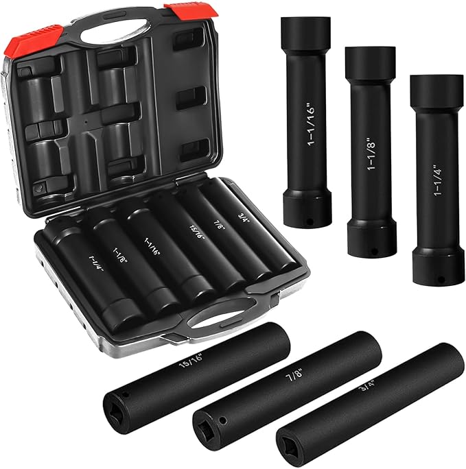 Drive Extended Length Impact Socket Set 6 Pack 1/2 Inch Drive Crank Bolt Socket Set Include Sizes 3/4", 7/8", 15/16", 1-1/16", 1-1/8", 1-1/4" for High Torque Use with Case