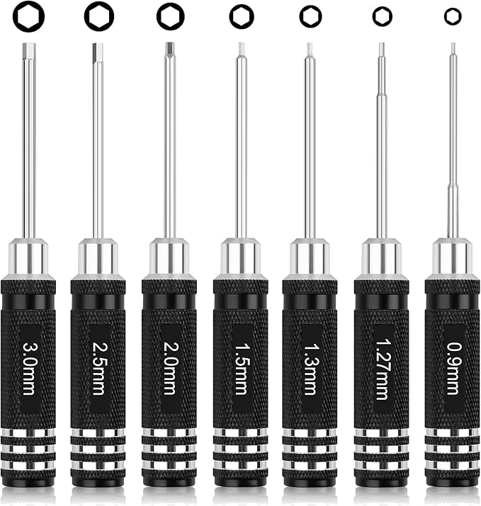 RC Tool Kit,7PCS Hex Precision Screwdriver Set with 0.9/1.27/1.3/1.5/2.0/2.5/3.0mm Hobby Tools Hexagon Wrench Repair Tools Compatible with SCX24 Traxxas Redcat RC Cars Trucks