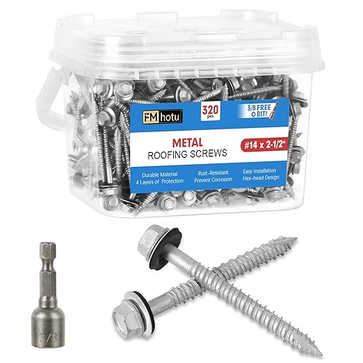 Metal Roofing Screws #14×2-1/2Inch, 500-PCS, Hex Head Rustpert Coating Sheet Metal to Wood Siding Screw with EPDM Rubber Washer, Sharp Point, Hex Socket Included