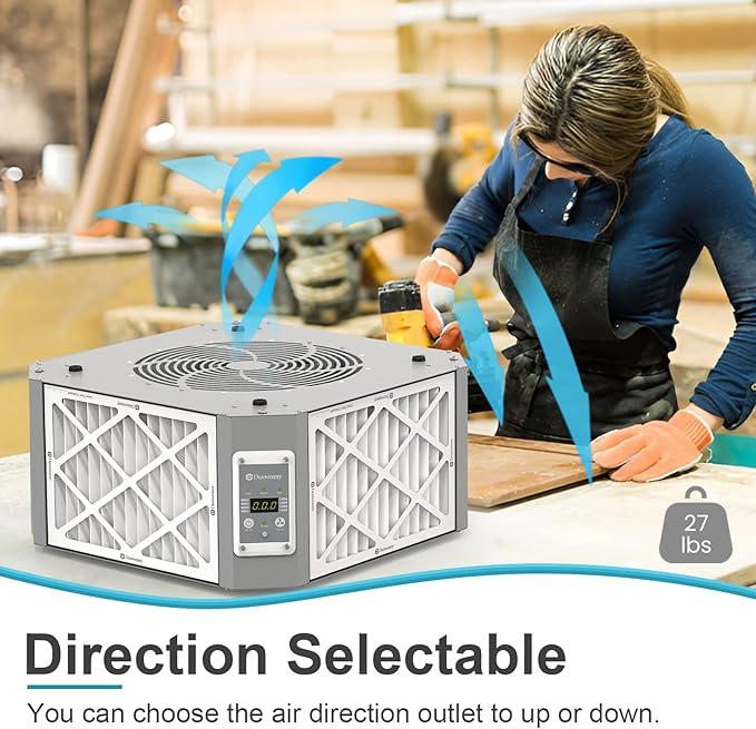 360째 Woodshop Air Filtration System Woodworking - 1050/1350 CFM, Built-in Ionizer, with Strong Vortex Fan, Shop Air Filtration for Garage, Works Shop, Dust Collectors System, Gray, KMF12D Pro