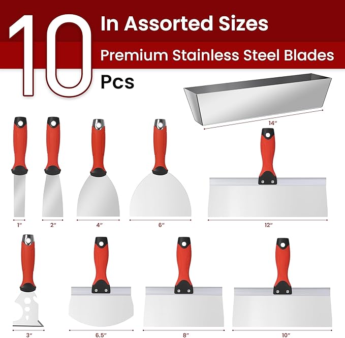 10Pcs Drywall Tool Kit, Stainless Steel Putty Knife Set with 1"-6" Knives, 8"-12" Taping Knives, 9-in-1 Painter Scraper, 12" Mud Pan & 6" Scoop for Drywall Taping, Finishing, and Patching