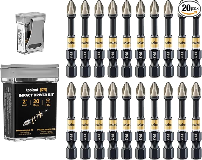 toolant 2 Inch Phillips Bit#2, Magnetic Anti Slip Impact Screwdriver Bits Set, 20pcs Impact Steel X2 PH2 Driver Dit Set with CNC Machined Tips for Impact Driver