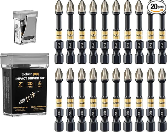 toolant 2 Inch Phillips Bit#2, Magnetic Anti Slip Impact Screwdriver Bits Set, 20pcs Impact Steel X2 PH2 Driver Dit Set with CNC Machined Tips for Impact Driver