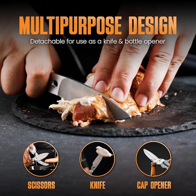 Poultry Shears, Kitchen Shears Heavy Duty for Food With Anti-Slip Handle & Safety Lock, Meat Scissors, Chicken, Lobster, Quail, Fish, Food Cutting Scissors, Bone Cutter - Spring Loaded
