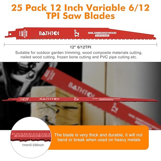 25 Pack 12 Inch 6/12 Tpi Reciprocating Saw Blades for Wood and Nail-Embedded Wood Cutting, Bi-Metal Sawzall Blades with 8% Cobalt for Longer Life and Faster Cutting Speed