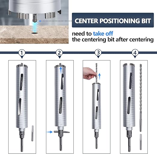 1-1/4 inch Diamond Dry Core Drill Bit, 10" Drilling Depth, 5/8"-11 Thread Core Drill Bit for Concrete Masonry Brick Block, Includes 3 Adapters SDS Plus, SDS Max and Hex (1-1/4 inch)