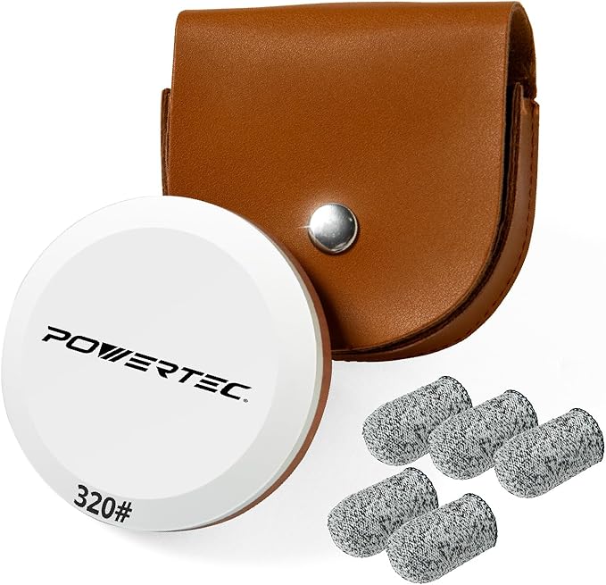 POWERTEC Axe & Hatchet Sharpening Stone, Dual Grit 180/320 Round Sharpening Puck, Multi-Purpose Axe Sharpener with Leather Pouch & Safety Gloves, Whetstone Sharpener Tool for Knife, AX, Sword (72125)