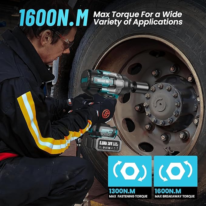 SEESII Impact Wrench 1180FT-LBS(1600N.m) 2200IPM 3/4 Impact Gun High Torque Electric Cordless Impact Wrench with 18V 1x5.0Ah Battery 2 Sockets and Case for Home Car Truck Tire Lug Nut Removal Tool Set
