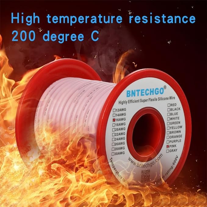 BNTECHGO 16 Gauge Silicone Wire Spool 50 ft Pink Flexible 16 AWG Stranded Tinned Copper Wire