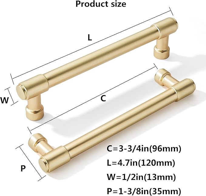khtumeware 10 Pack Gold Cabinet Handles 3-3/4" (96mm) Hole Center Brushed Gold Cabinet Pulls, Gold Dresser Handles, Brass Cabinet Pulls, Gold Pulls for Cabinets, Gold Drawer Pulls Cabinet Hardware
