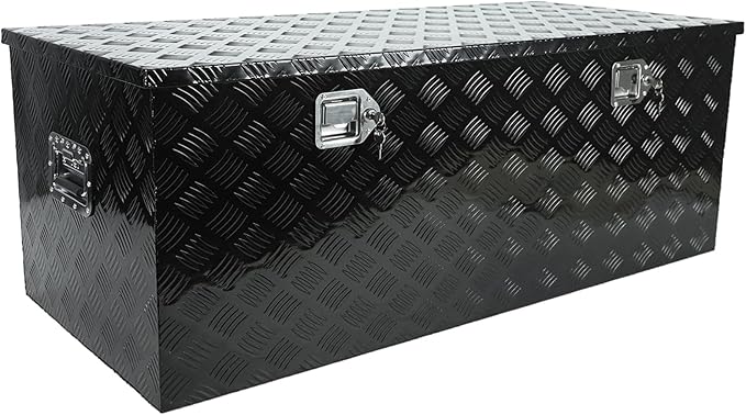 confote 48 Inch Heavy Duty Aluminum Stripes Plated Tool Box Pick Up Truck Bed RV Trailer Toolbox Square Storage Organizer with Side Handle, Lock and Keys, Waterproof -48"x 19.5"x 17.5"竊똁lack