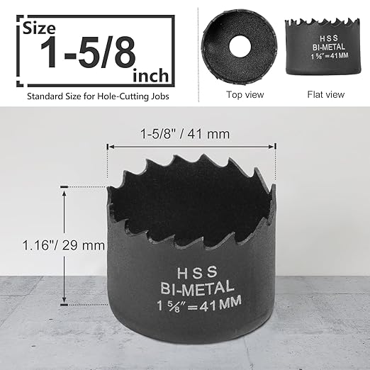 1-5/8 Inch Hole Saw with 9.1mm Triangle Shank Arbor, JTemgle Bi-Metal Hole Saw Heavy Duty Hole Cutting Tool for Cornhole Boards, Recessed Lights, Wood, Plastic, Drywall & Soft Metal