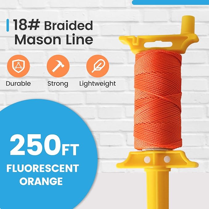 MERIANE Mason Line w/Reloadable Line Reel, 250FT Nylon String Line, 18# Braided Twine String for Masonry Job, Level Lines in Construction, Gardening, Fluorescent Orange