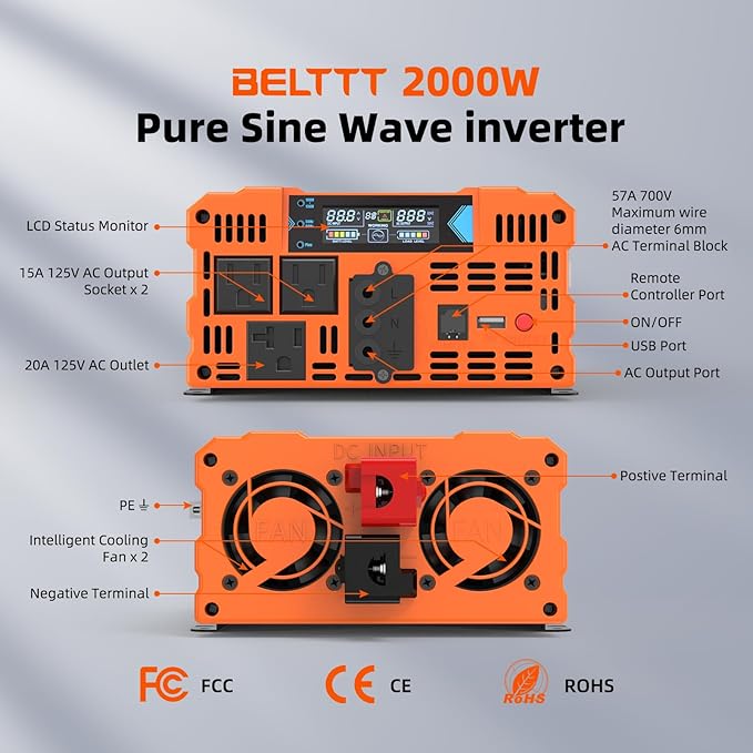 BELTTT 2000W Pure Sine Wave Inverter, Car Power Inverter 12V to 120V AC Converter for RV, Truck, Solar, Outdoor with Dual AC and 20A Socket, 5V 2.1A USB, Surge 4000W, Hardwire Port, Remote Controller