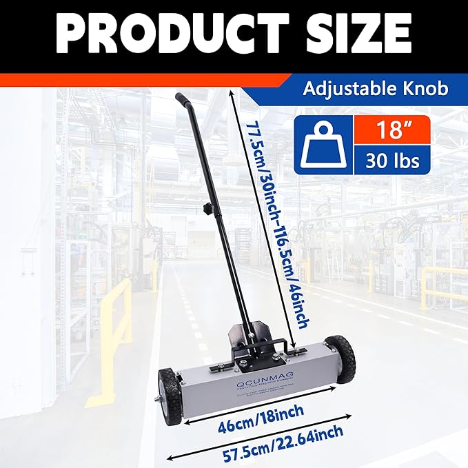 Rolling Magnetic Sweeper with Wheels, 18-inch Large Magnet Pickup Lawn Sweeper, Push-Type Magnetic Pick Up Sweeper, Magnet with Telescoping Handle, Easy Cleanup of Workshop Yard Garage