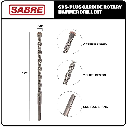 5/8 Inch x 12 Inch SDS Plus Rotary Hammer Drill Bit, Carbide Tipped for Brick, Stone, and Concrete Version 2 (5/8" x 10" x 12")