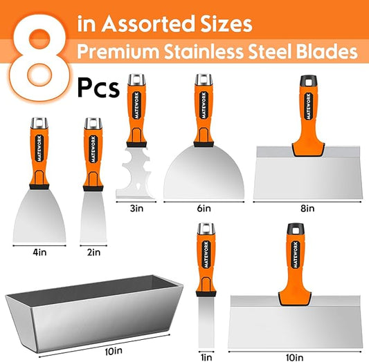 Drywall Tools, 8Pcs High Quality Stainless Steel Drywall Knife Set, Putty Knives with Mud Pan, Ergonomic Grip Tapping Knife with Hammer End for Wall Work
