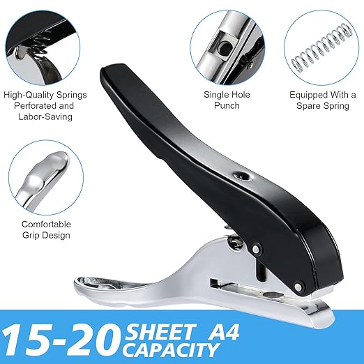 Heavy Duty Single Hole Punch - Portable Hand Held Paper Punch for Tags, Cards, Plastic & Cardboard (8MM Black)