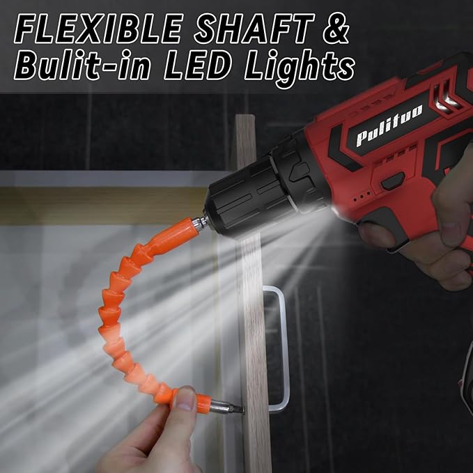 PULITUO Cordless Drill Set, 20V Electric Power Drill with Battery And Charger, 30N.m and 21+1 Torque, 2 Variable Speeds, with 59pcs Drill Driver Bits Kit, Screws Set竊?Red)