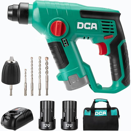 DCA 12V Cordless Drill Set SDS-Plus Hammer Drill, 1J 3-IN-1 Power Drill with Variable Speed, 2*2.0Ah Battery, 0-900 RPM/5600 BPM, with 3/8" Drill Chuck, 4 Drill Bits for Concrete, Brick, Metal, Wood