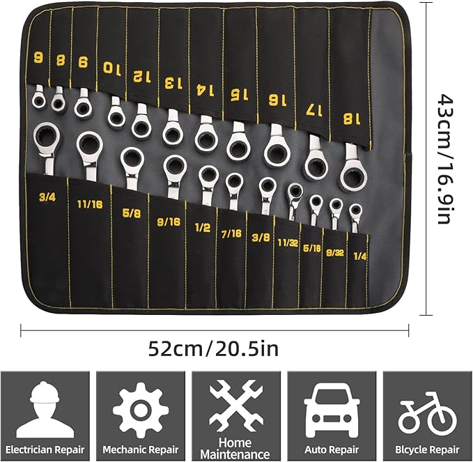 GRENPRO Ratcheting Wrench Set, Combination Wrench Set, 22-Piece SAE & Metric and Standard, 72Th Long Open End, 1/4" to 3/4" & 6-18mm, Organizer With Roll Up Pouch, CR-V Socket Mechanic Hand Tools Sets
