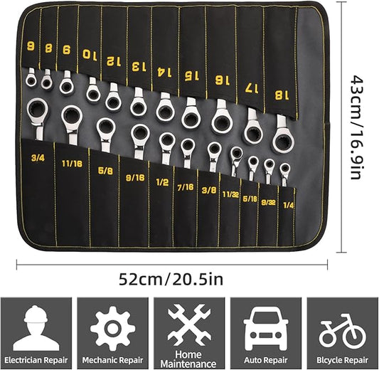 GRENPRO Ratcheting Wrench Set, Combination Wrench Set, 22-Piece SAE & Metric and Standard, 72Th Long Open End, 1/4" to 3/4" & 6-18mm, Organizer With Roll Up Pouch, CR-V Socket Mechanic Hand Tools Sets