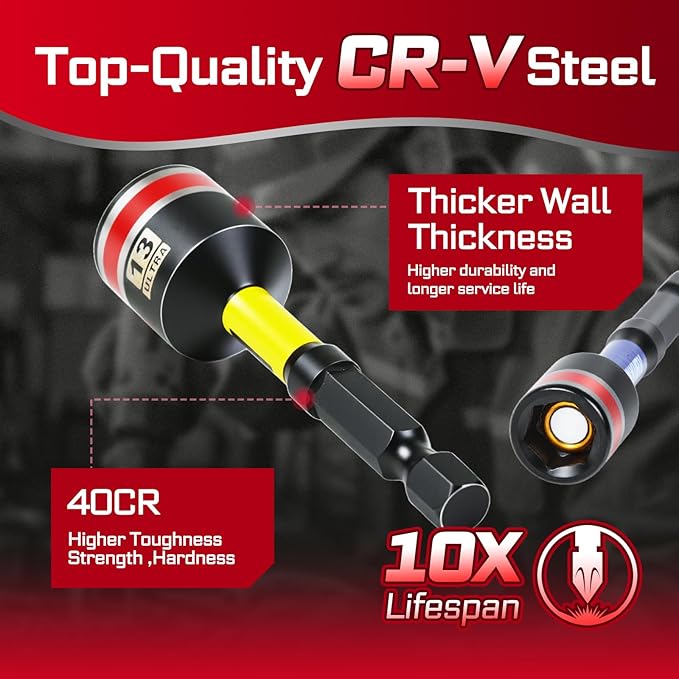 Impact Nut Driver Set, 10 Pieces 65mm Long 6mm/8mm/10mm/11mm/ 13mm 6 Point Alloy Steel Magnetic Metric Nut Setter Set Use For Installing 1/4 Hex Shank Impact Driver with Case Box