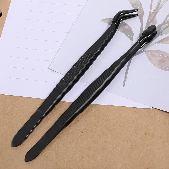 Rubber Tipped Tweezers, 2 Pcs Silicone Coated Long Bent and Straight Flat Tip Craft Tweezers Stainless Steel Precision Tweezer Set for Lab Electronic Industrial Stamps Coin Beads Jewelry (Black)