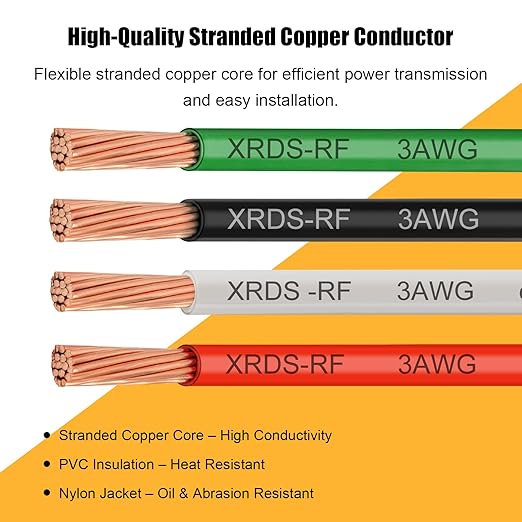XRDS -RF THHN Wire 100FT, 3AWG Stranded Copper THHN Electrical Wire, Black Nylon-Coated Thermoplastic Insulated Cable for Indoor Conduit Wiring, 600V Rated