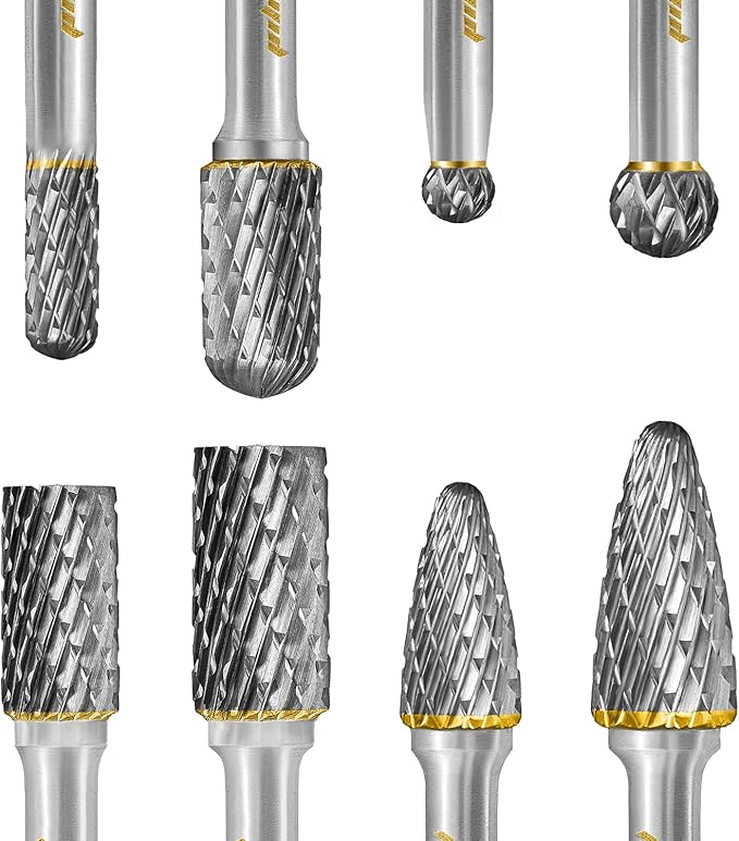 Tungsten Carbide Burr Set 1/4" Shank 8PC Double Cut Rotary Cutting Burrs Die Grinder Bits for Steel and Wood Working, Grinding, Carving, and Engraving