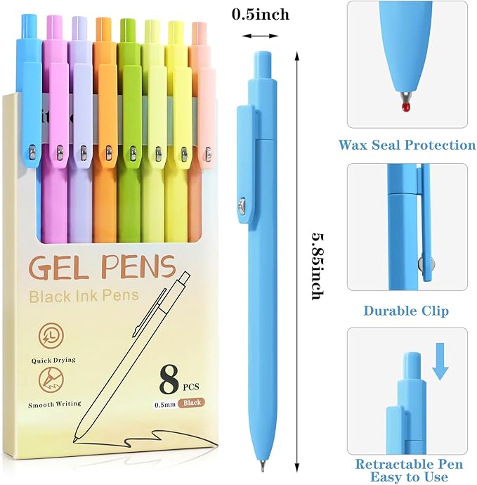 Vitoler Pens,8 pcs Fine Point Gel Pens,0.5mm Quick Dry Black Ink Gel Pen, Smooth Writing Pen for Office Desk Accessories,Office School Supplies