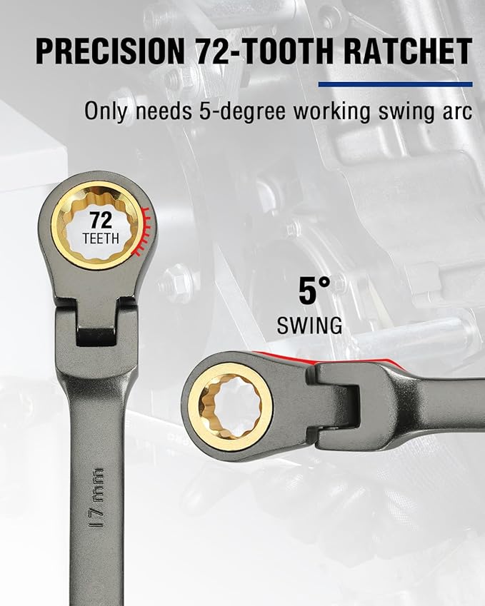 WORKPRO 17 mm Flex-Head Ratcheting Combination Wrench, Cr-V Constructed, Nickel Plating, 72-Teeth, 12 Point Design, Metric