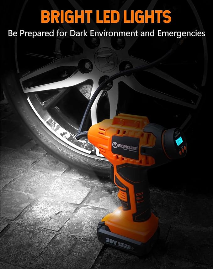 WORKSITE Cordless Tire Inflator Air Compressor,Portable Handheld Air Pump,Battery Powered Car Tire Pump with 12V Car Power Adapter Digital Pressure Gauge for Cars Motorcycles, Orange