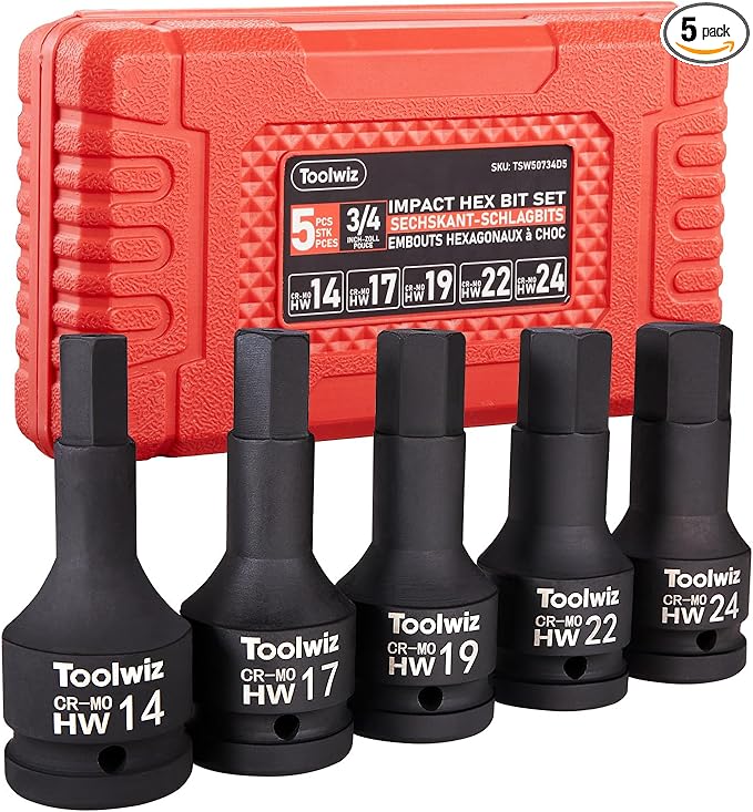 Toolwiz 3/4 Inch Drive Impact Hex Bit Set, 5-Piece Metric 14mm-24mm, Cr-Mo Steel, One-Piece Construction, Professional Automotive Impact Bit Socket Set, Heavy Duty PVC Storage Case
