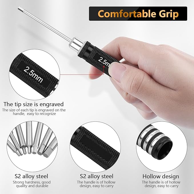 RC Tool Kit,7PCS Hex Precision Screwdriver Set with 0.9/1.27/1.3/1.5/2.0/2.5/3.0mm Hobby Tools Hexagon Wrench Repair Tools Compatible with SCX24 Traxxas Redcat RC Cars Trucks