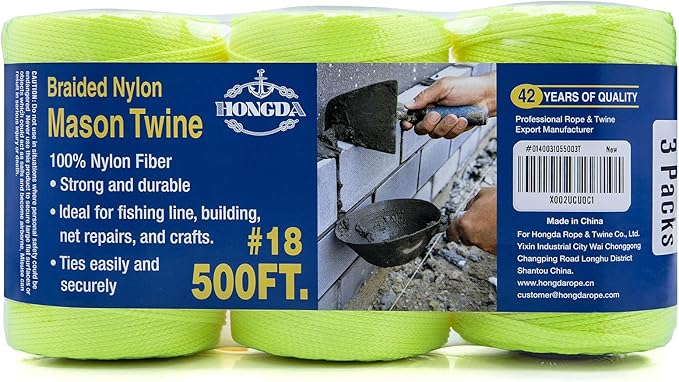 HONGDA Mason Line Set, 500 Feet #18 Braided Nylon Mason line String Perfect for Masonry Jobs and for The Layout of General Construction, Gardening, DIY Project, Fluorescent Yellow