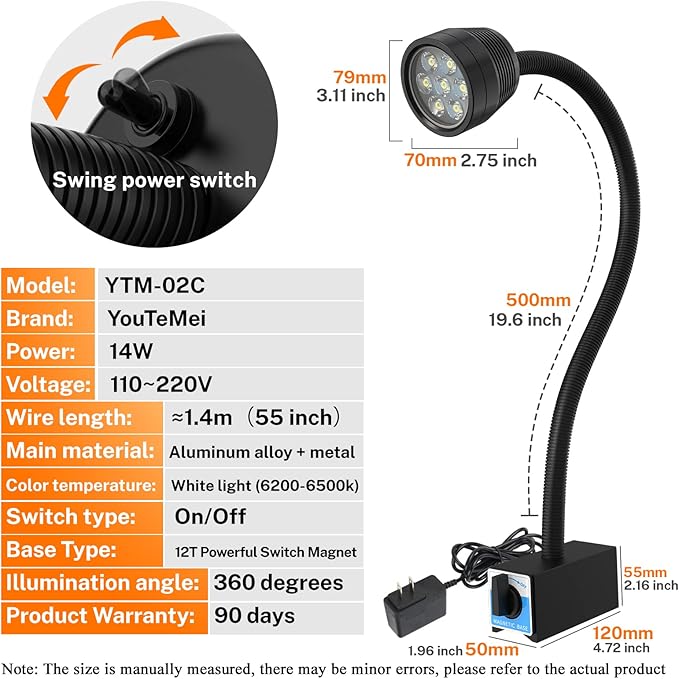 Magnetic Work Light, Led Magnetic Lamp, IP65 Water Proof Flexible Gooseneck Lamp 1400 Lumens for Lathe Milling, Drill Press, Industrial Lighting,with 12T Magnetic Base…