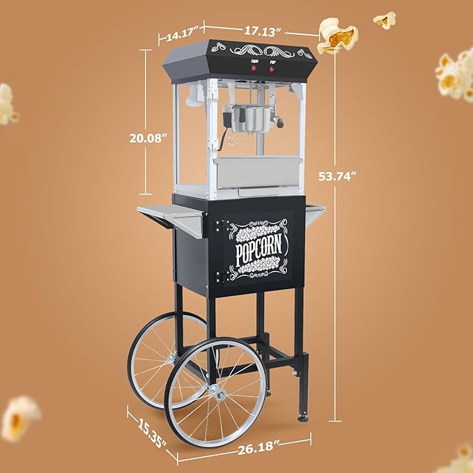 8 Oz Popcorn Machine Cart, 650 W, Popcorn Maker Machine with Stainless-Steel Kettle, Movie Theater Popcorn Machine with Steel Frame Tempered Glass Doors & Heated Warming Deck, Black
