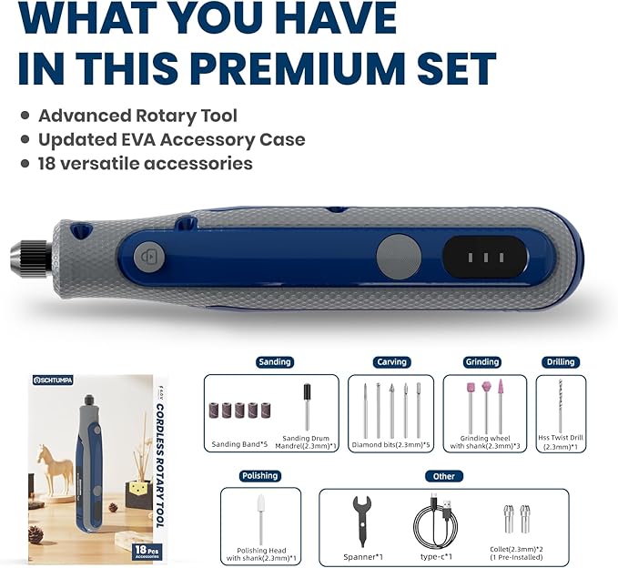 Rotary Tool, Cordless Rotary Tool Kit 4V, Mini Cordless Rotary Tool, Variable Speed, for Carving, Engraving, Sanding, Polishing, Cutting, DIY Crafts and Pet Nails, Navy Blue